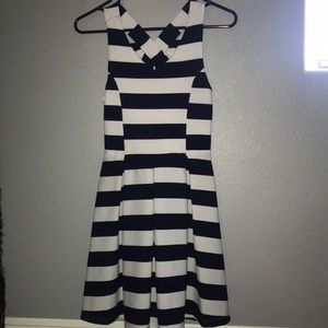 Navy And White Striped Dress with Pleats
